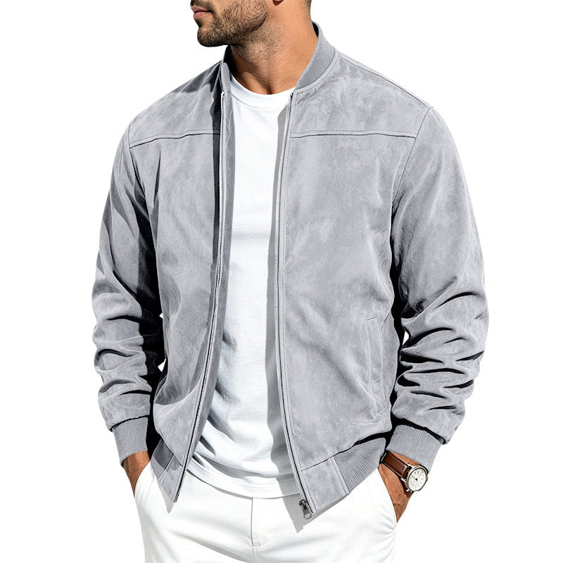 Suede Long Sleeve Zip Up Jacket Men's Casual Outerwear With Full Zip Closure