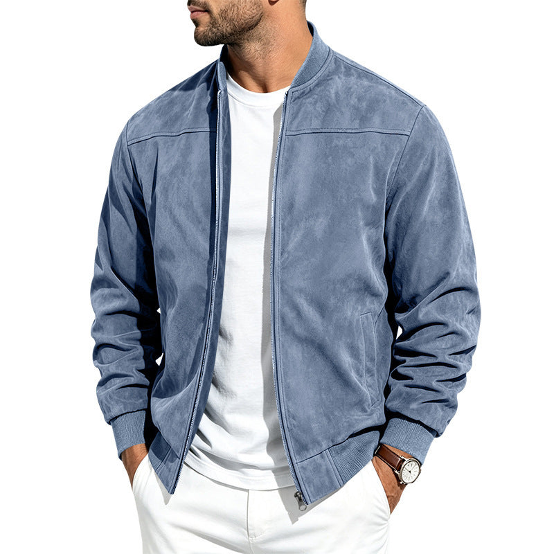 Suede Long Sleeve Zip Up Jacket Men's Casual Outerwear With Full Zip Closure