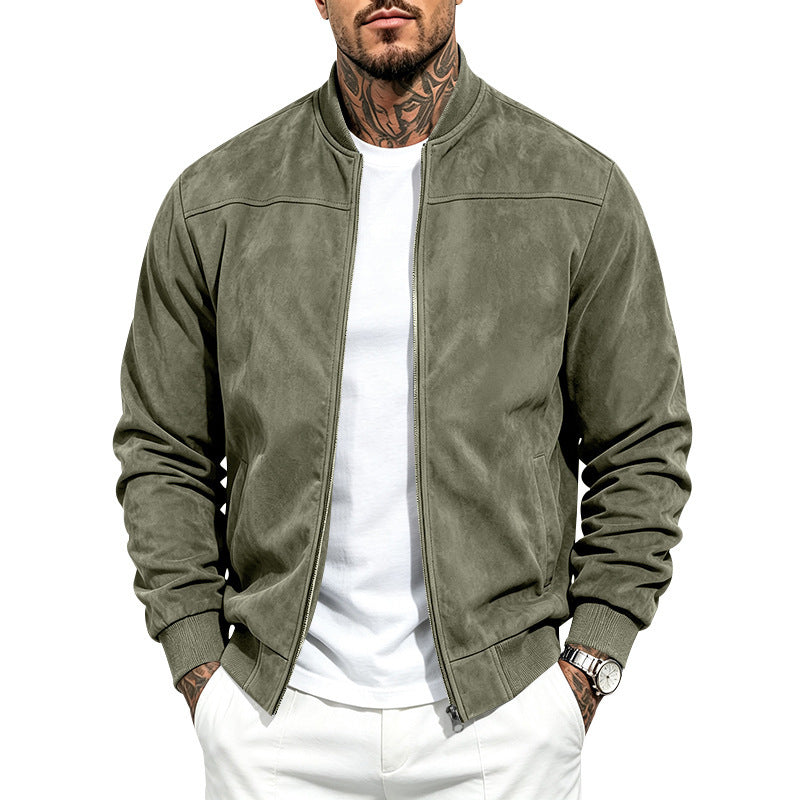 Suede Long Sleeve Zip Up Jacket Men's Casual Outerwear With Full Zip Closure