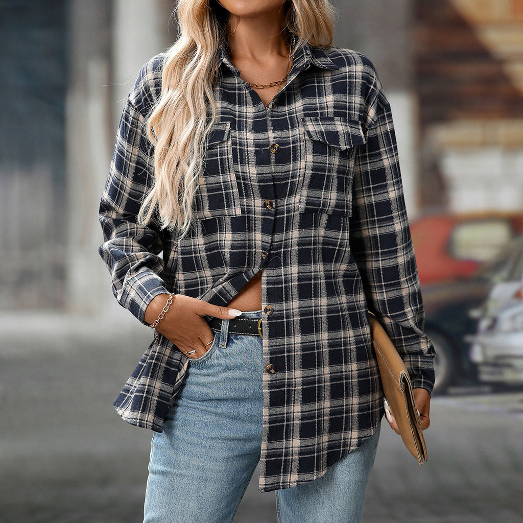 Autumn And Winter Cross-Border European And American Clothing 2025 New Casual Fashion Loose Plaid Pocket Shirt For Women