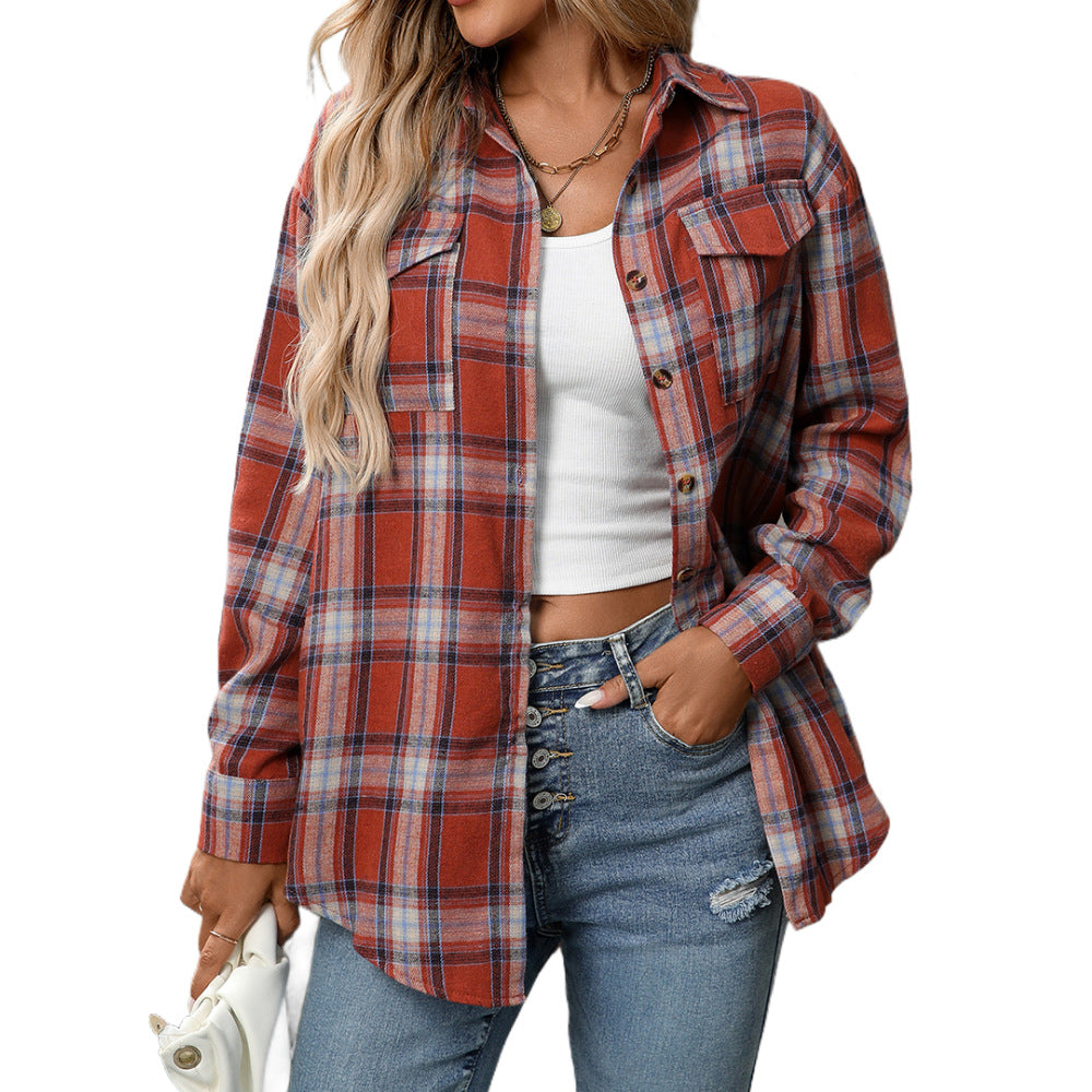 Autumn And Winter Cross-Border European And American Clothing 2025 New Casual Fashion Loose Plaid Pocket Shirt For Women