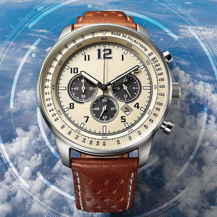 Six-hand Chronograph Quartz Watch With A Leather Strap