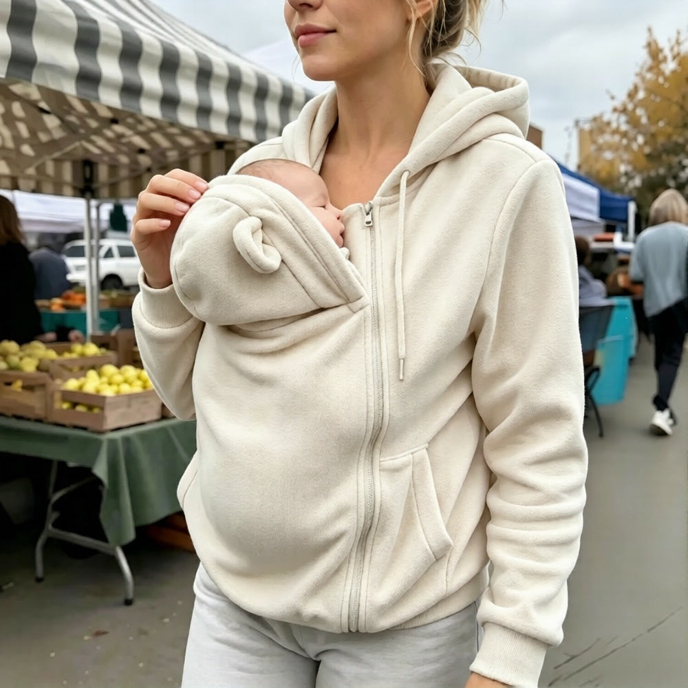Winter European And American Style Kangaroo Mom Sweatshirt Loose Zipper Hoodie Warm Outerwear For Moms With Kids