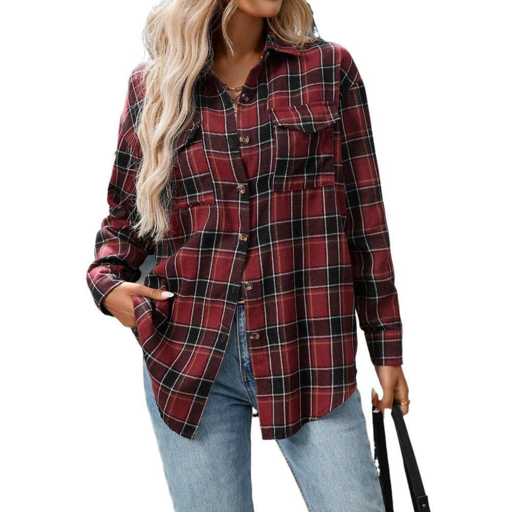 Autumn And Winter Cross-Border European And American Clothing 2025 New Casual Fashion Loose Plaid Pocket Shirt For Women