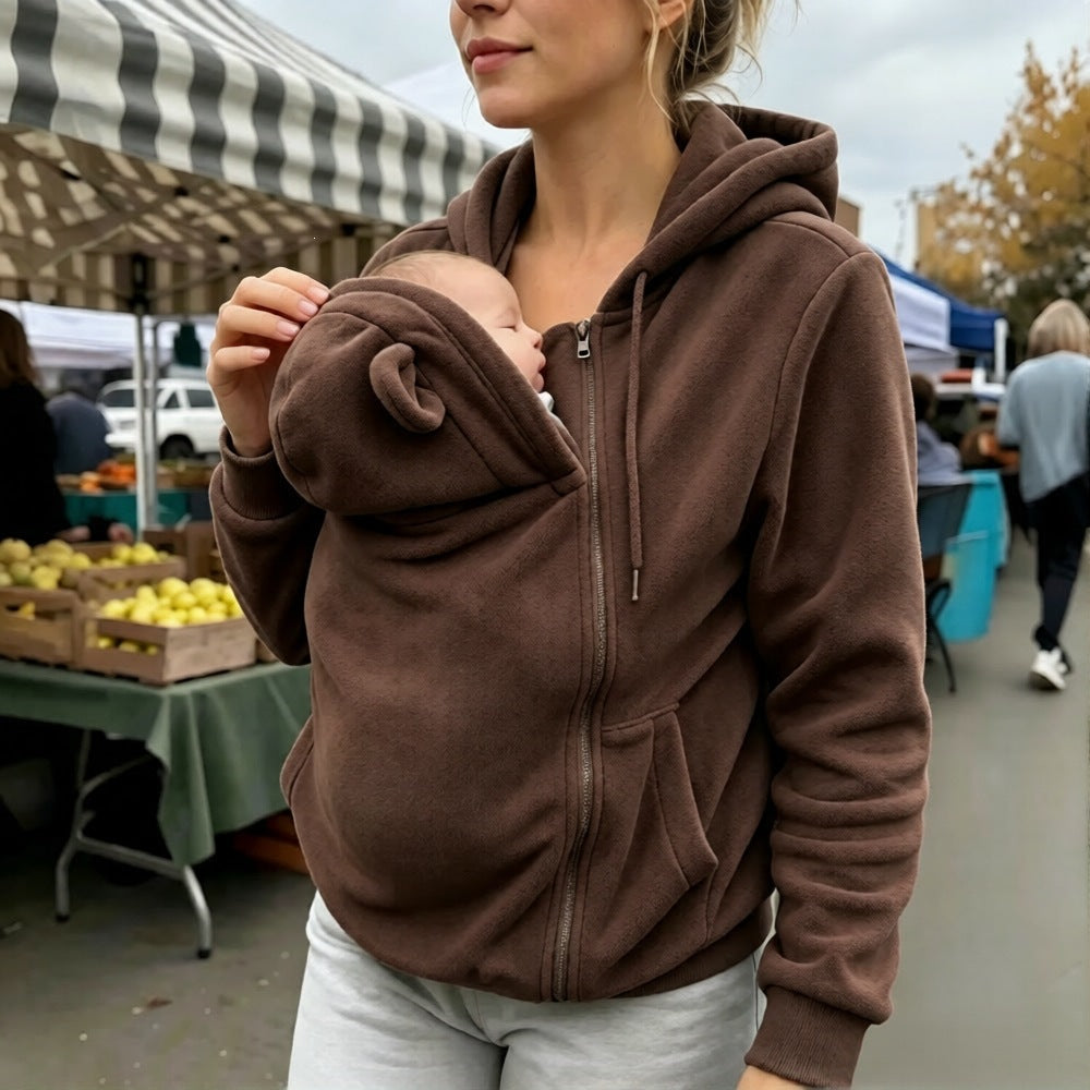 Winter European And American Style Kangaroo Mom Sweatshirt Loose Zipper Hoodie Warm Outerwear For Moms With Kids