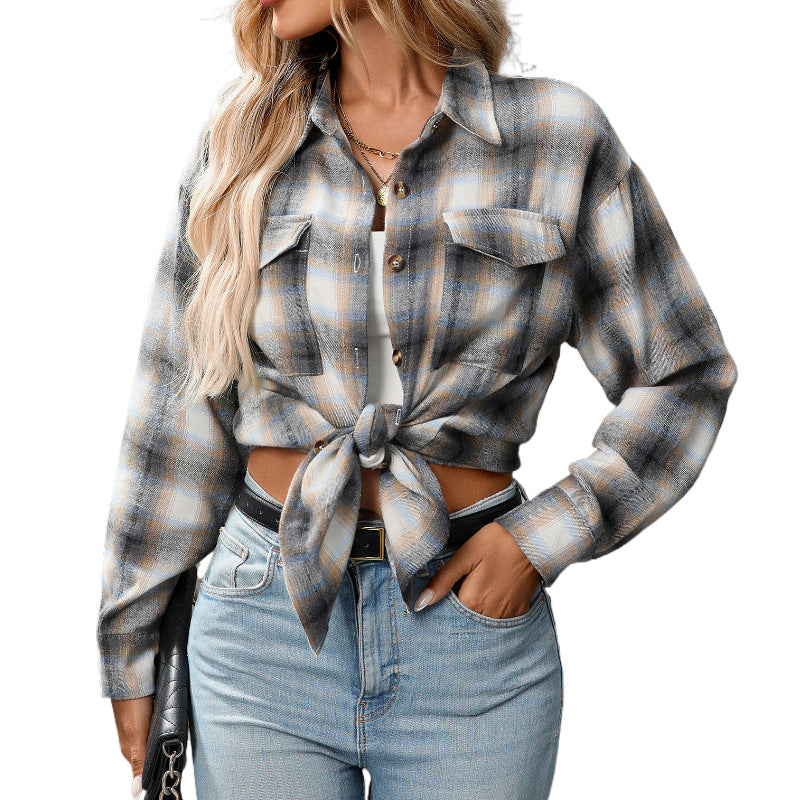 Autumn And Winter Cross-Border European And American Clothing 2025 New Casual Fashion Loose Plaid Pocket Shirt For Women