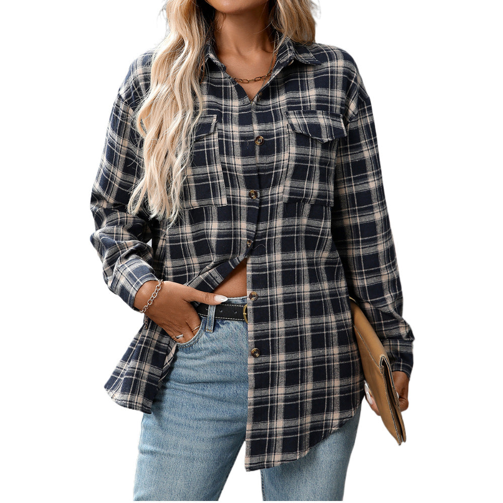 Autumn And Winter Cross-Border European And American Clothing 2025 New Casual Fashion Loose Plaid Pocket Shirt For Women